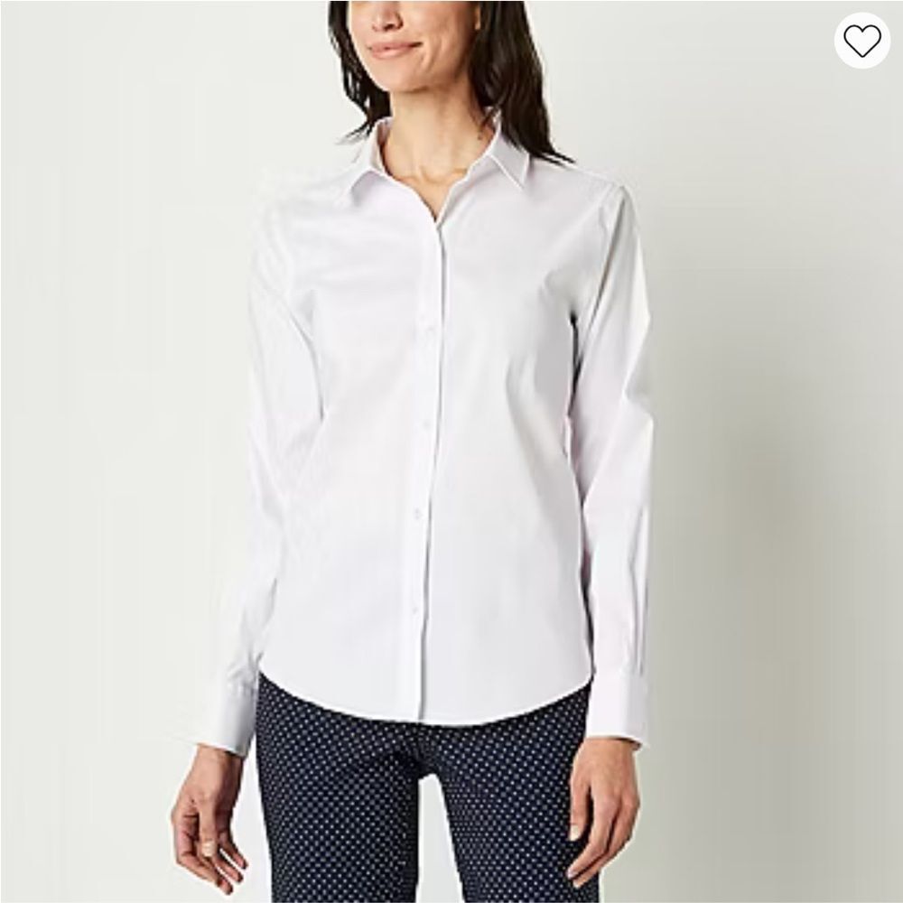 Liz Claiborne Lizsport 100% Cotton White Roll Tab Long Sleeve Button-Down Shirt